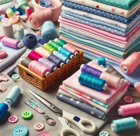 Pastel folded fabrics, colorful thread spools, scissors, and buttons on a crafting table