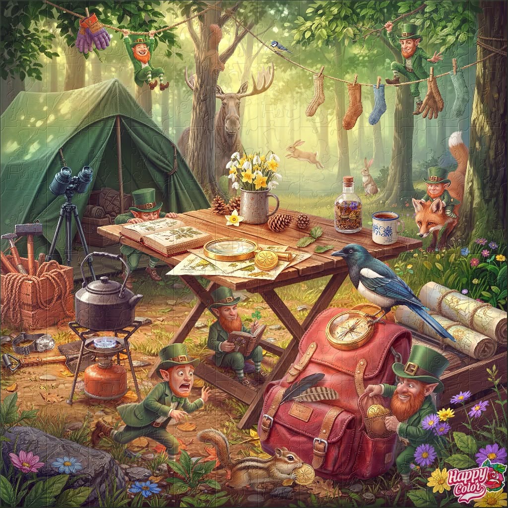 Illustrated forest camping scene with tent, picnic table, lanterns, and scattered camping gear among trees