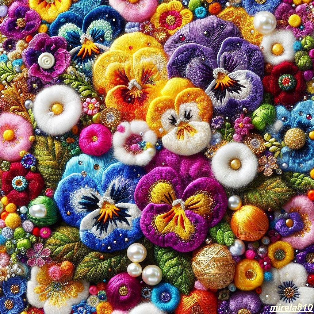 Colorful knitted and crocheted flowers with beads in a dense patchwork arrangement