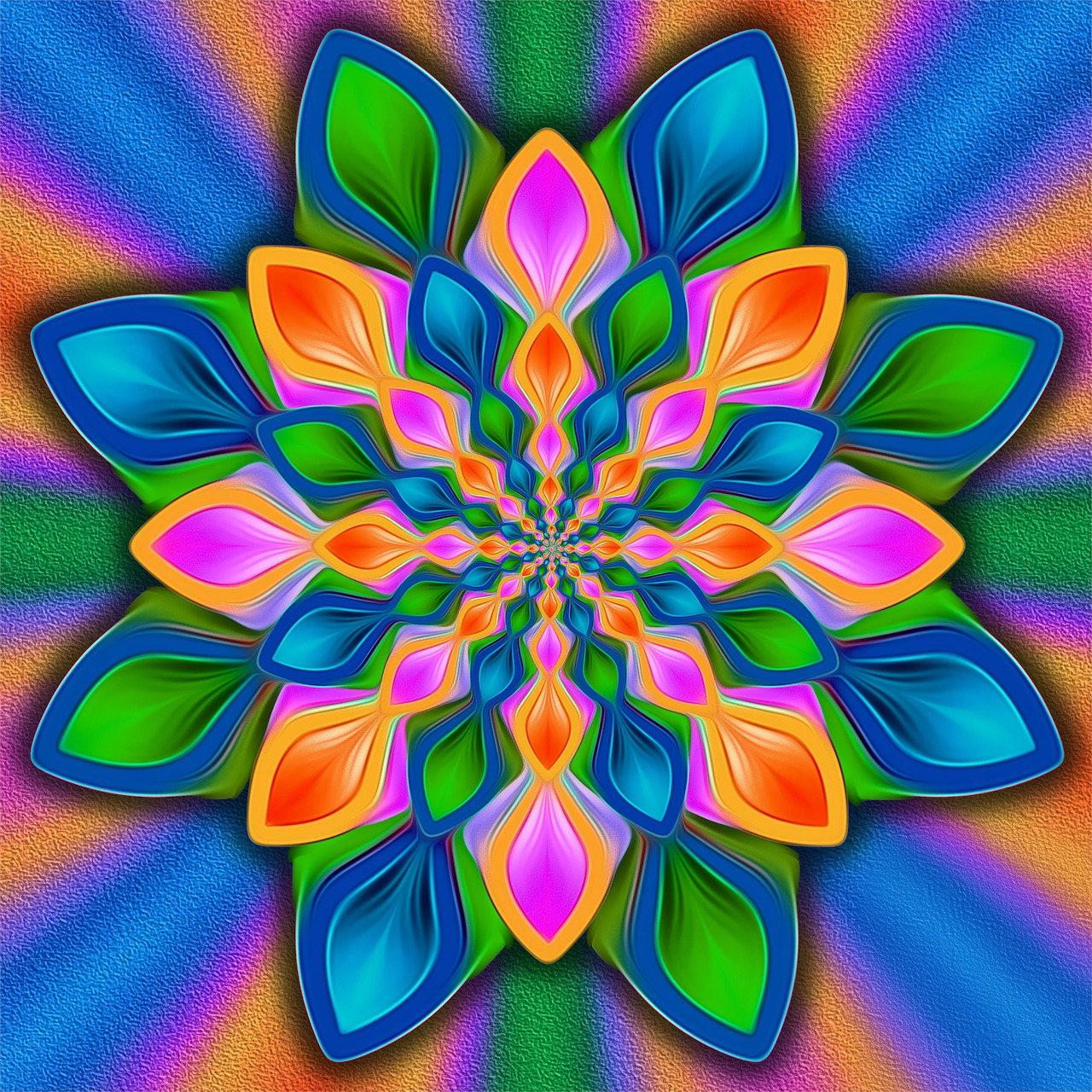Colorful symmetrical mandala with layered neon petals in blue, green, orange, and pink radiating from bright center