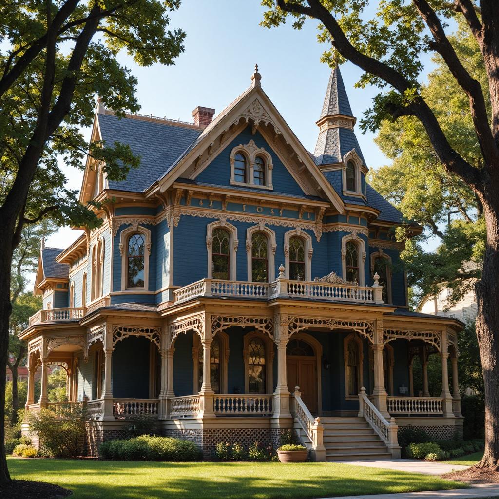 Blue Victorian house with ornate white trim and wraparound porch framed by large trees