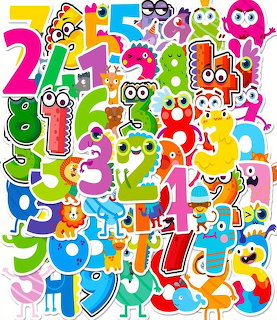 Colorful cartoon numbers with faces and monster features arranged in a busy sticker collage