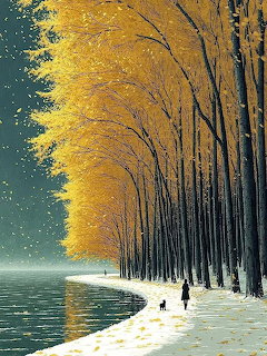 Row of golden autumn trees along a snowy lakeside path with a person walking a dog