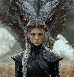 Woman in black armor wearing wolf headdress with long braided hair