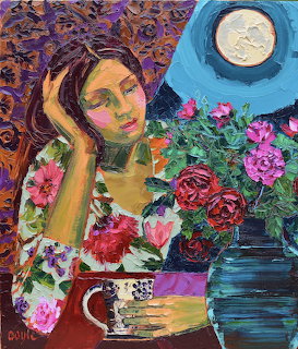 Impressionist painting of woman with hand to face next to vase of colorful roses on purple background
