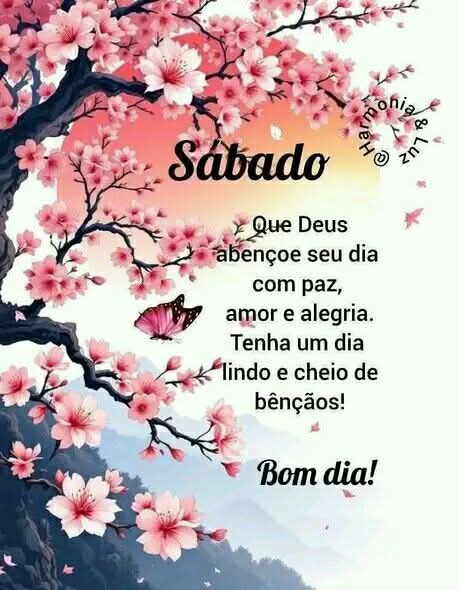 Pink cherry blossom branches with a Portuguese Saturday morning greeting and blessing text