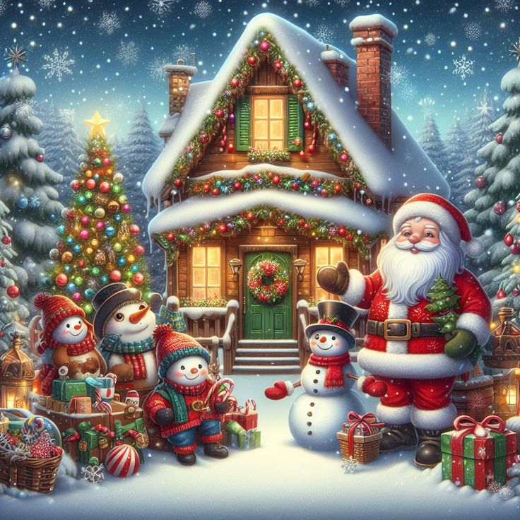 Santa Claus standing beside decorated cottage with snowmen and Christmas trees in snowy winter scene