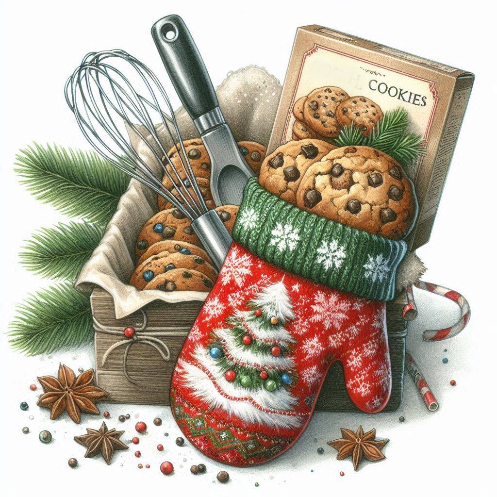 Christmas baking arrangement with red knitted oven mitt, cookies, whisk, and evergreen branches on wooden surface