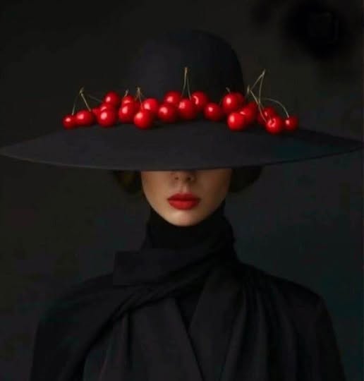 Woman in black outfit and wide-brim hat adorned with red cherries on a dark background