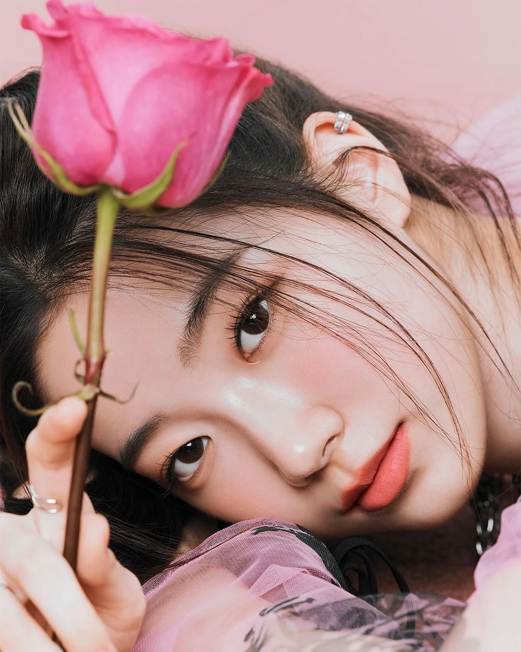 Young woman with pink rose in soft portrait lighting