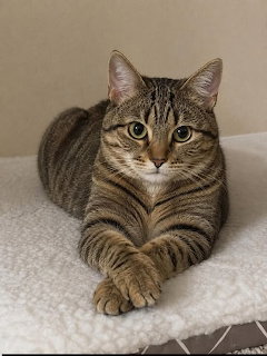 Brown tabby cat with green eyes resting on beige cushion, paws crossed forward