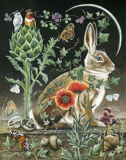 Illustration of a rabbit amid poppies, ivy, butterflies, a crescent moon, mushrooms, and a robin bird