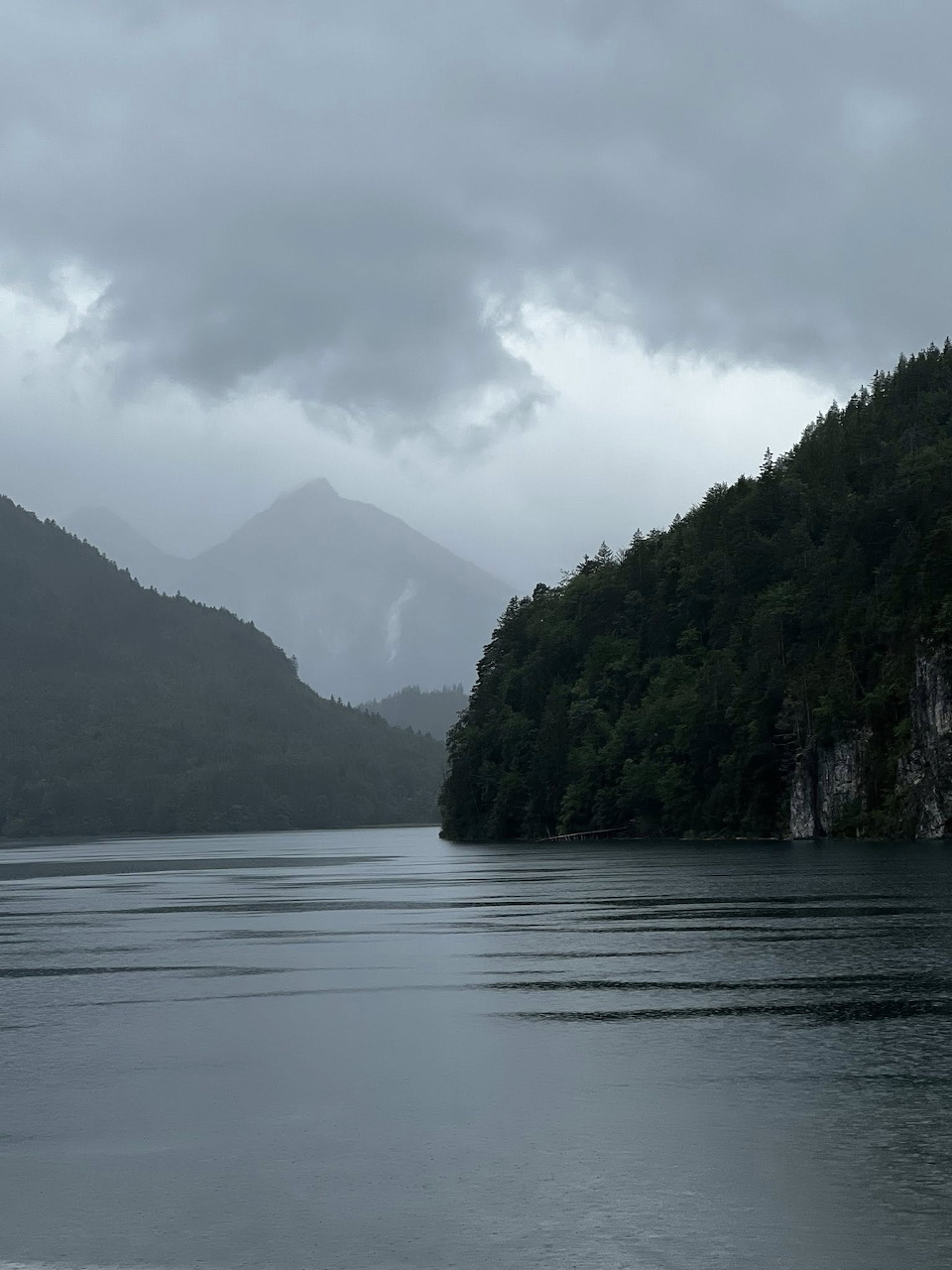 Foggy mountain lake with forested slopes and a distant peak under cloudy skies