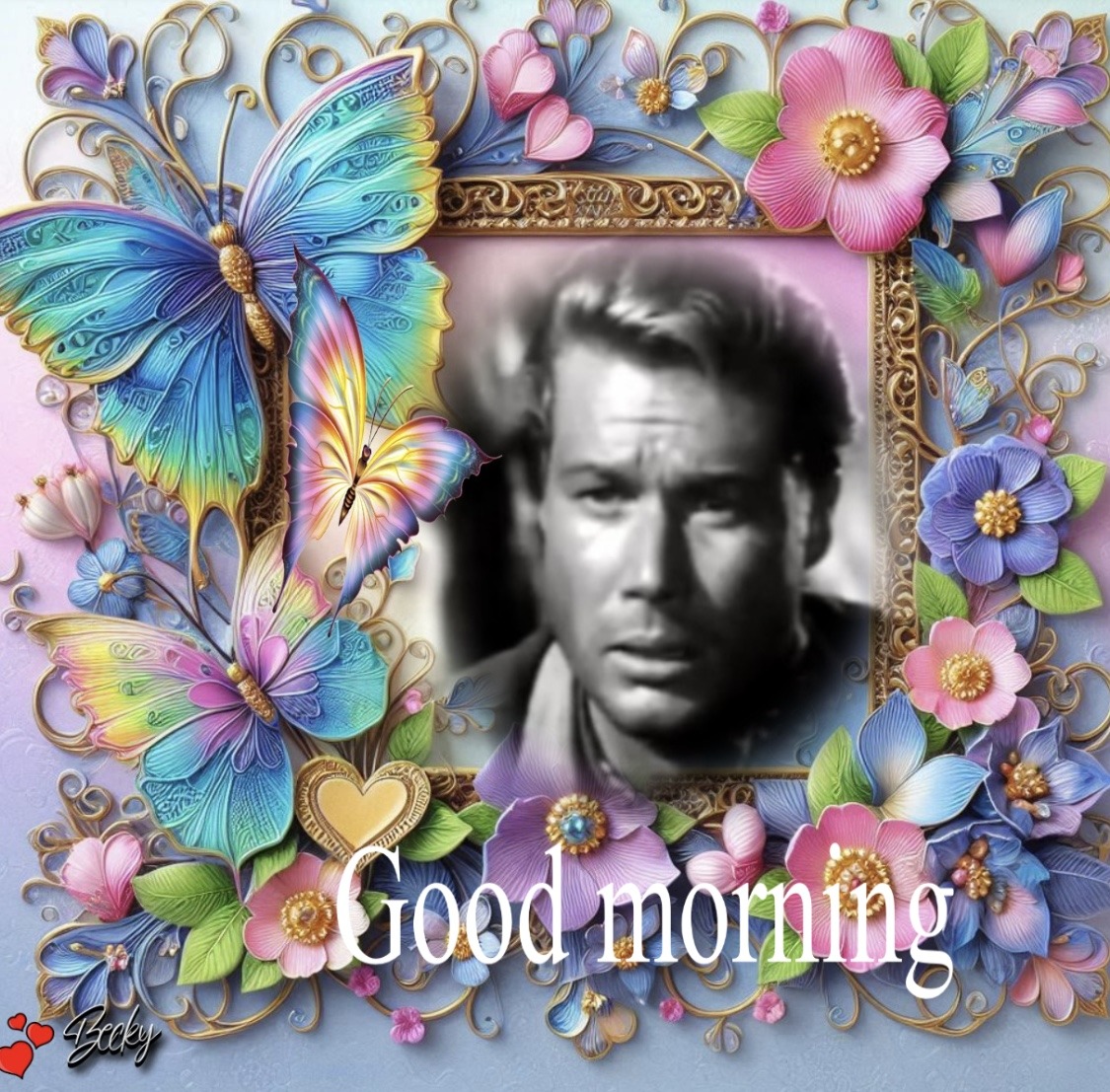 Ornate floral frame with butterflies, flowers, and vintage portrait with good morning greeting