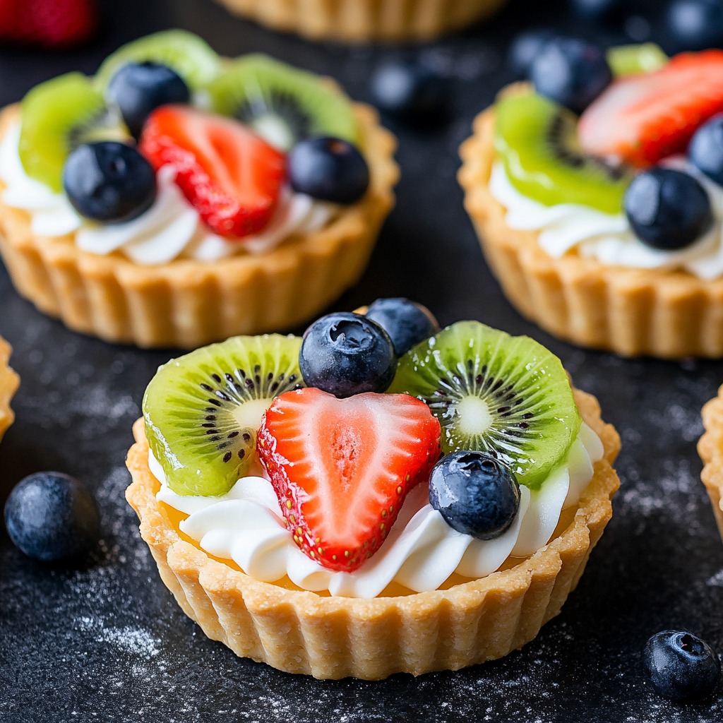Mini fruit tartlets topped with kiwi, strawberry slices, blueberries, and cream