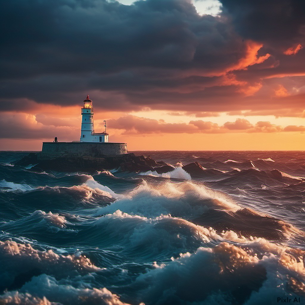 White lighthouse on rocks surrounded by stormy ocean waves at sunset with dramatic cloudy sky