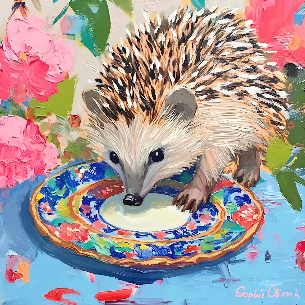 Painted hedgehog drinking from colorful plate with pink flowers in background