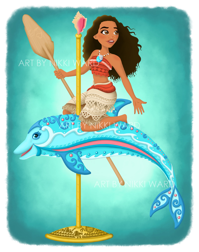 Moana riding a blue dolphin carousel on a turquoise background