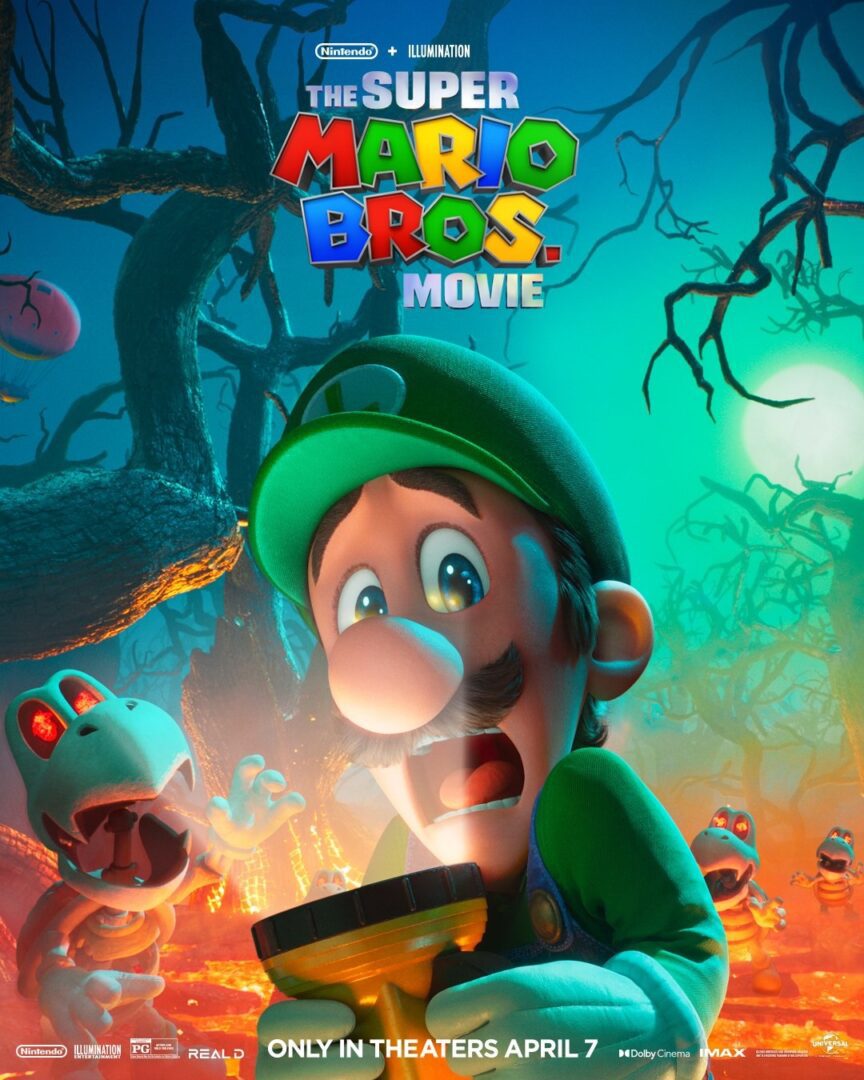 Luigi from Super Mario Bros Movie poster holding flashlight in glowing underground cave with mushrooms