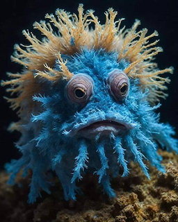 Blue hairy frogfish with large round eyes and orange hair-like filaments on dark ocean floor