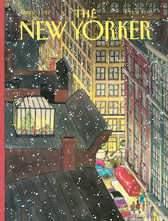 Illustration of a snowy city rooftop with a greenhouse overlooking lit buildings at night