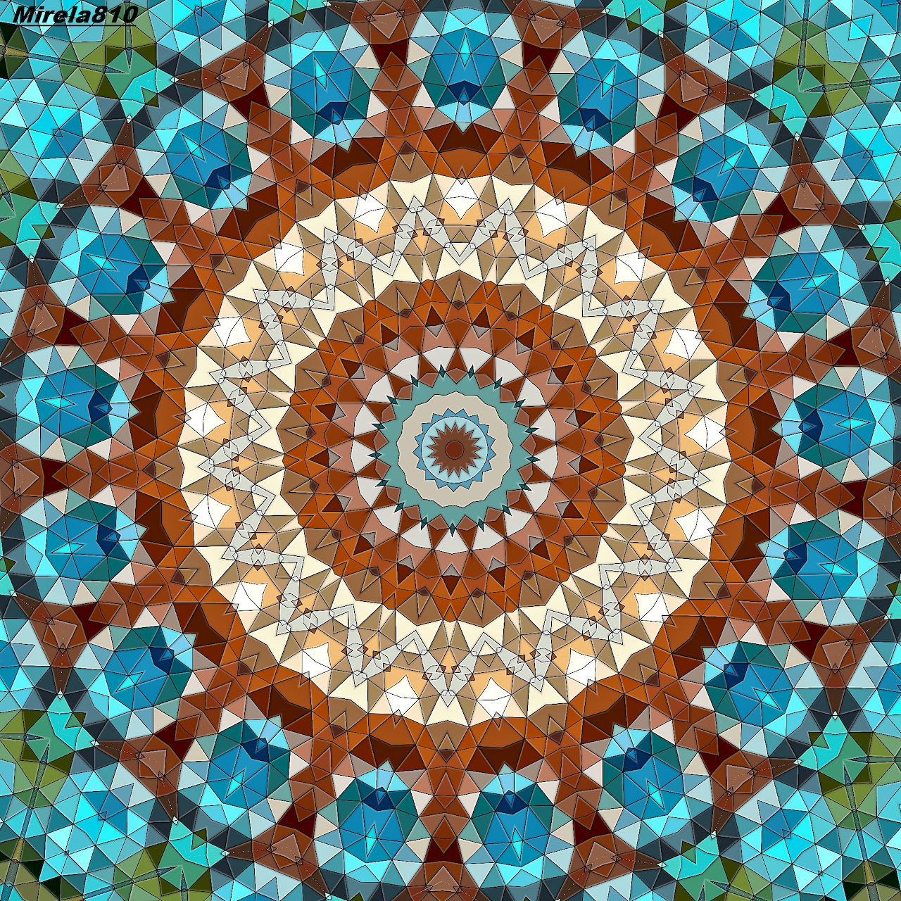 Geometric mandala with blue flowers, brown circles, and radial symmetry in kaleidoscope pattern