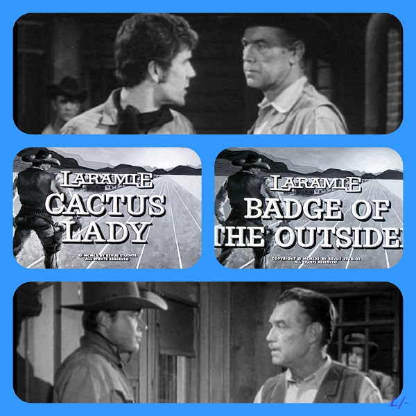 Collage with black-and-white western scenes and Laramie title cards on a blue background