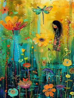 Young girl in a whimsical garden with colorful abstract flowers, butterflies, and dragonflies on textured background