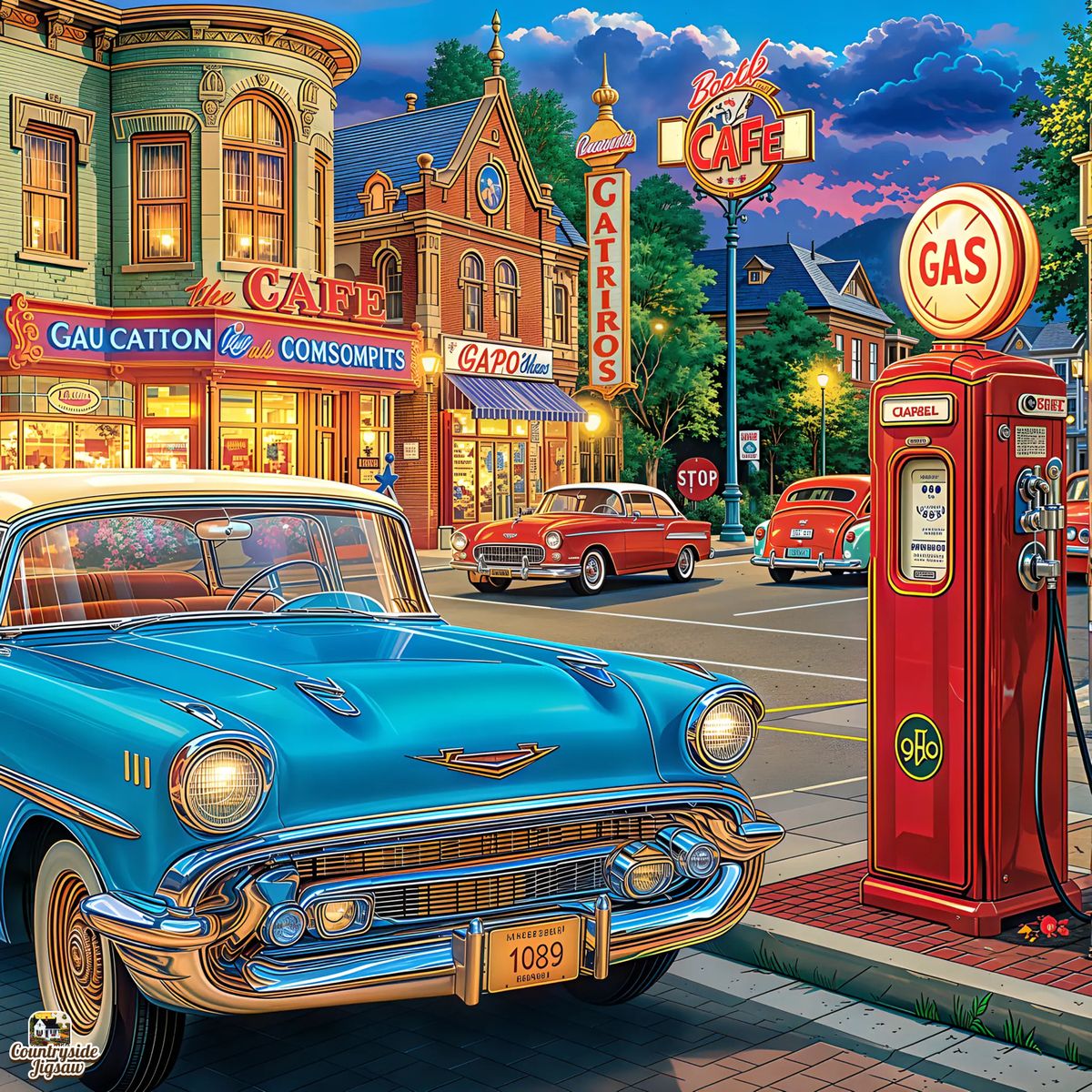 Colorful illustration of vintage 1950s cars on a town street with a cafe and old gas pumps