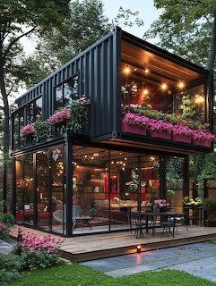 Modern black shipping container home with glass walls, wooden deck, and pink flowering plants in garden setting