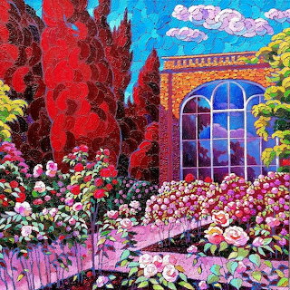 Colorful painting of an orangery building with pink flower beds, red trees, and a bright blue sky