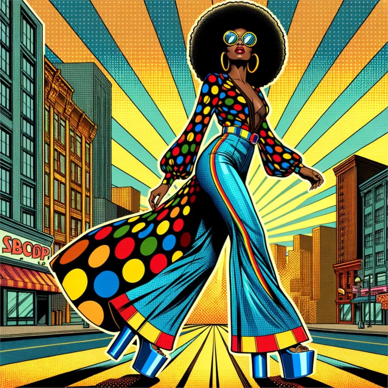 Woman in retro 70s polka dot outfit and blue bell-bottoms walking confidently on city street with radiating sunburst pattern