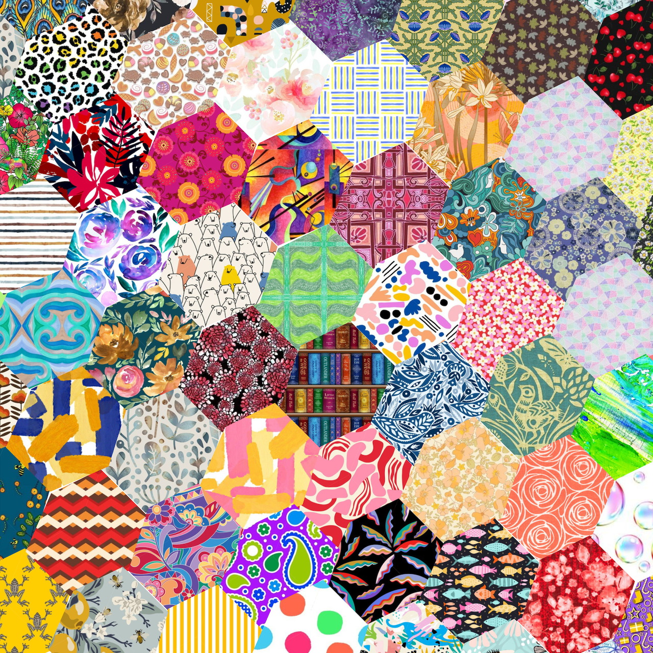Colorful hexagonal patchwork quilt with diverse fabric patterns including florals, stripes, and geometric designs