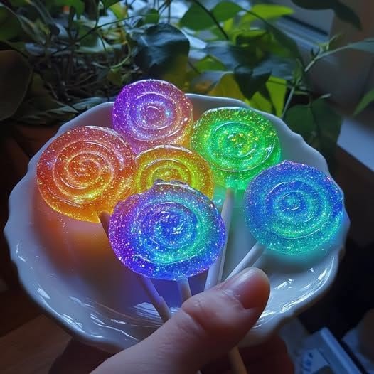 Hand holding plate of six rainbow colored spiral soaps with glitter against leafy background