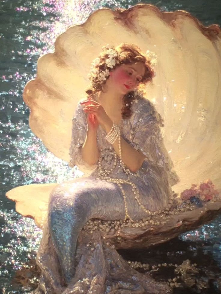Painting of Aphrodite sitting in a giant seashell wearing a blue gown with flowers in her hair