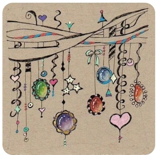 Whimsical drawing of colorful hanging jewelry ornaments with gems, hearts and decorative chains on branches