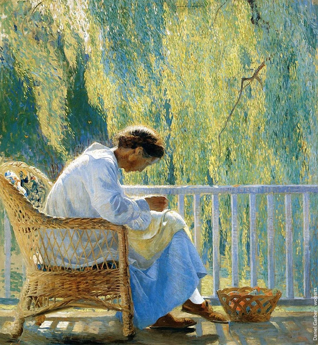 Woman Knitting on Sunny Porch