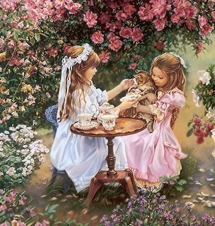 Painting of two girls in a flower garden having tea at a small table