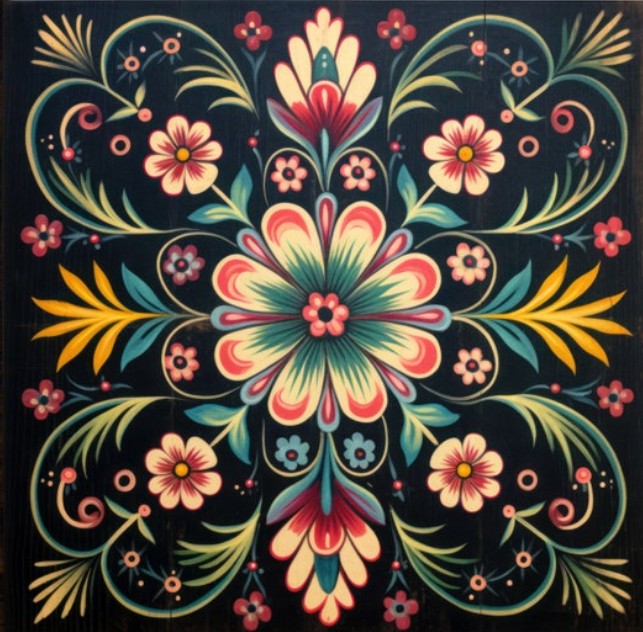 Symmetrical folk art pattern with colorful flowers and decorative scrollwork on black background