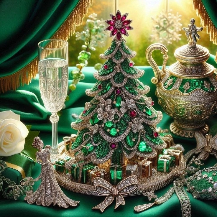 Ornate jeweled Christmas tree with gifts, silver teapot, and crystal flute in an elegant still life