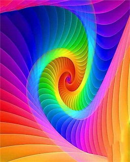 Colorful rainbow spiral with curved gradient bands swirling from center outward