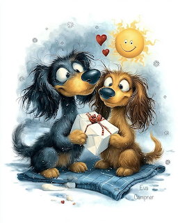 Two cartoon dogs sitting together holding a red heart with a smiling sun above them