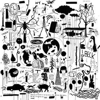 Black and white collage of minimalist illustrations with animals, figures, trees, and scattered text