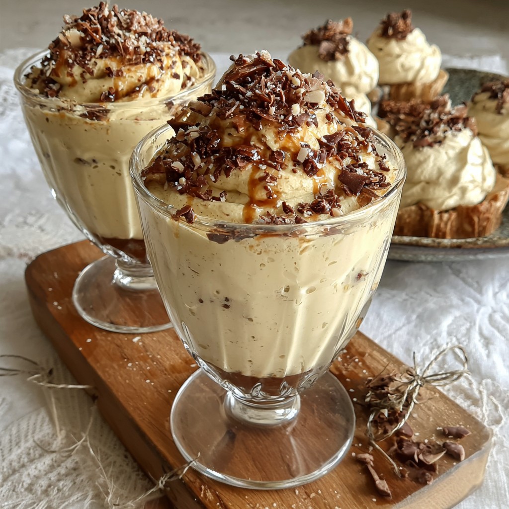Glass cups filled with layered cream dessert topped with chocolate and whipped cream on wooden board