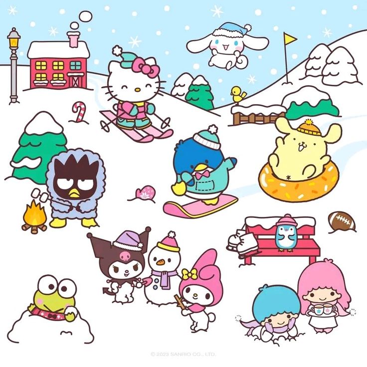 Sanrio characters playing in a snowy winter scene with skiing, sledding, and snowman building