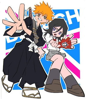 Anime characters Ichigo Kurosaki and Rukia Kuchiki posing with blue and pink graphic background