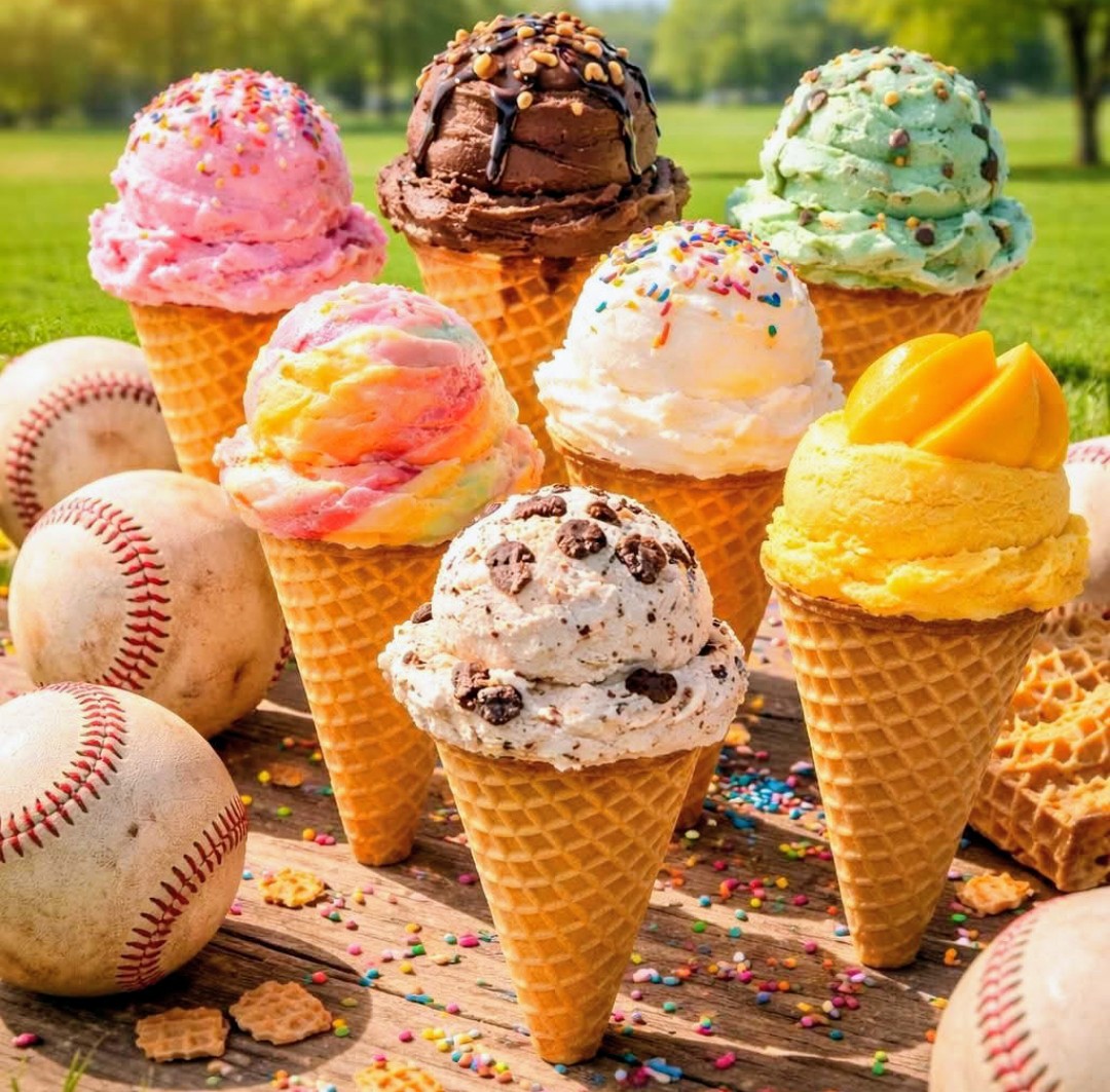Multiple colorful ice cream cones with different flavors alongside baseballs on a wooden table outdoors
