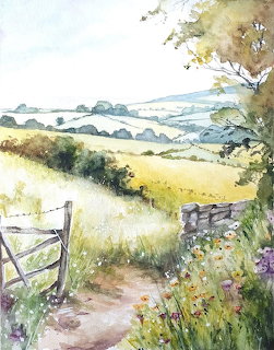 Watercolor painting of a country path through fields with gate and wildflowers leading to distant hills