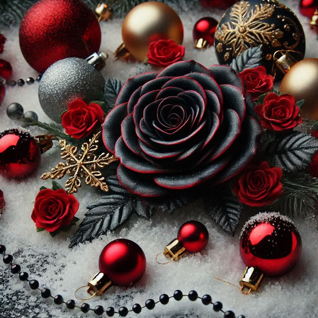 Black rose surrounded by red roses, Christmas baubles, beads, and gold ornaments on a snowy background