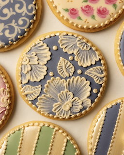 Close-up of decorated round sugar cookies with detailed royal icing floral and stripe patterns